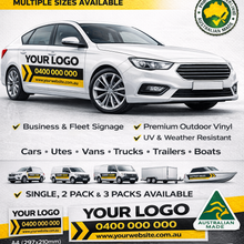 Load image into Gallery viewer, Advertisement for custom vehicle stickers with a car and various sticker designs.
