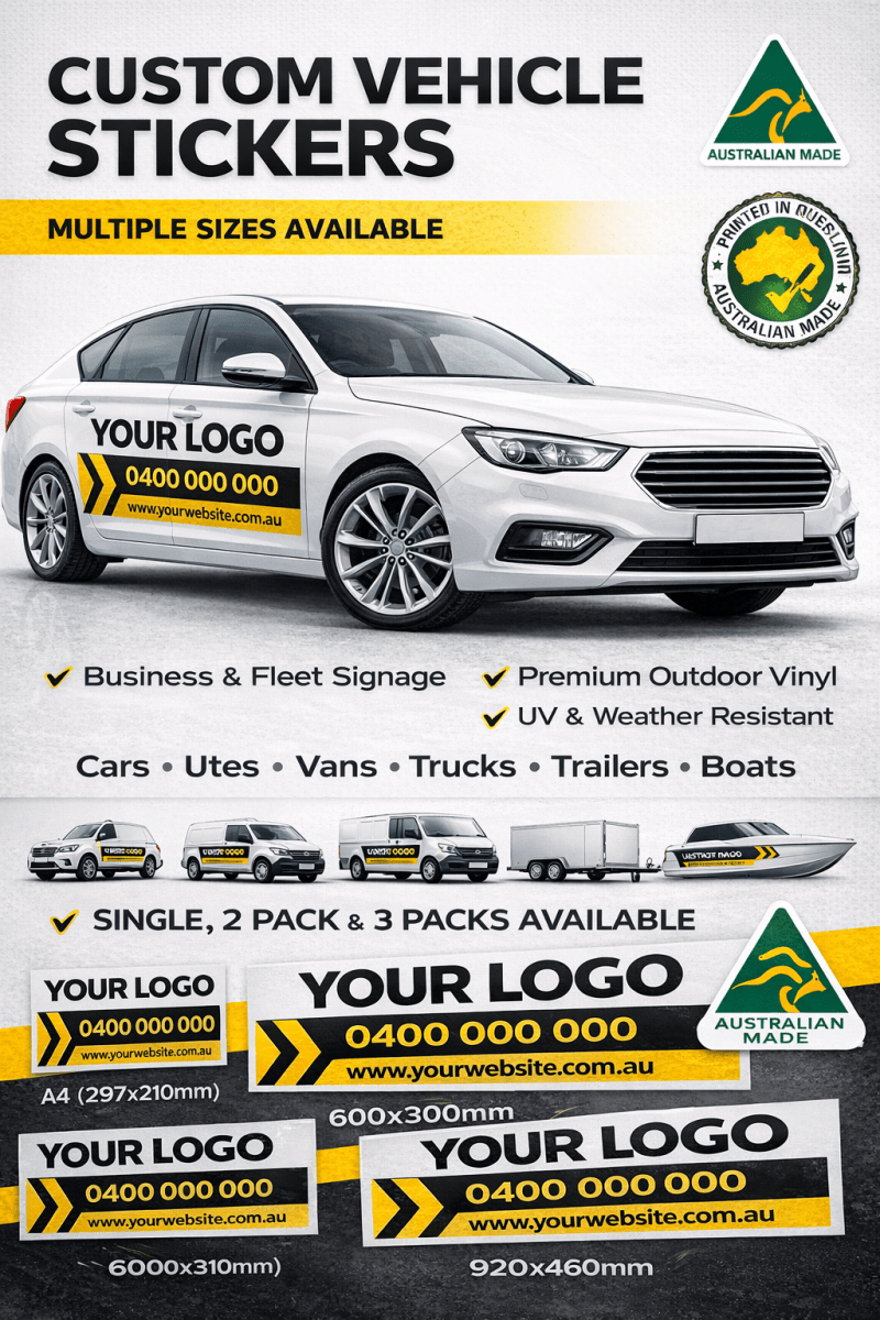 Advertisement for custom vehicle stickers with a car and various sticker designs.