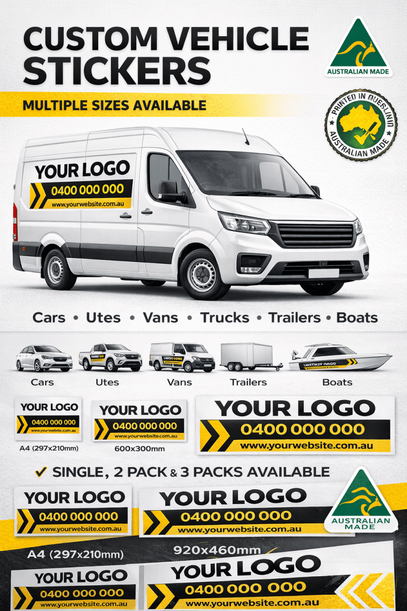 Advertisement for custom vehicle stickers with a white van and contact information.