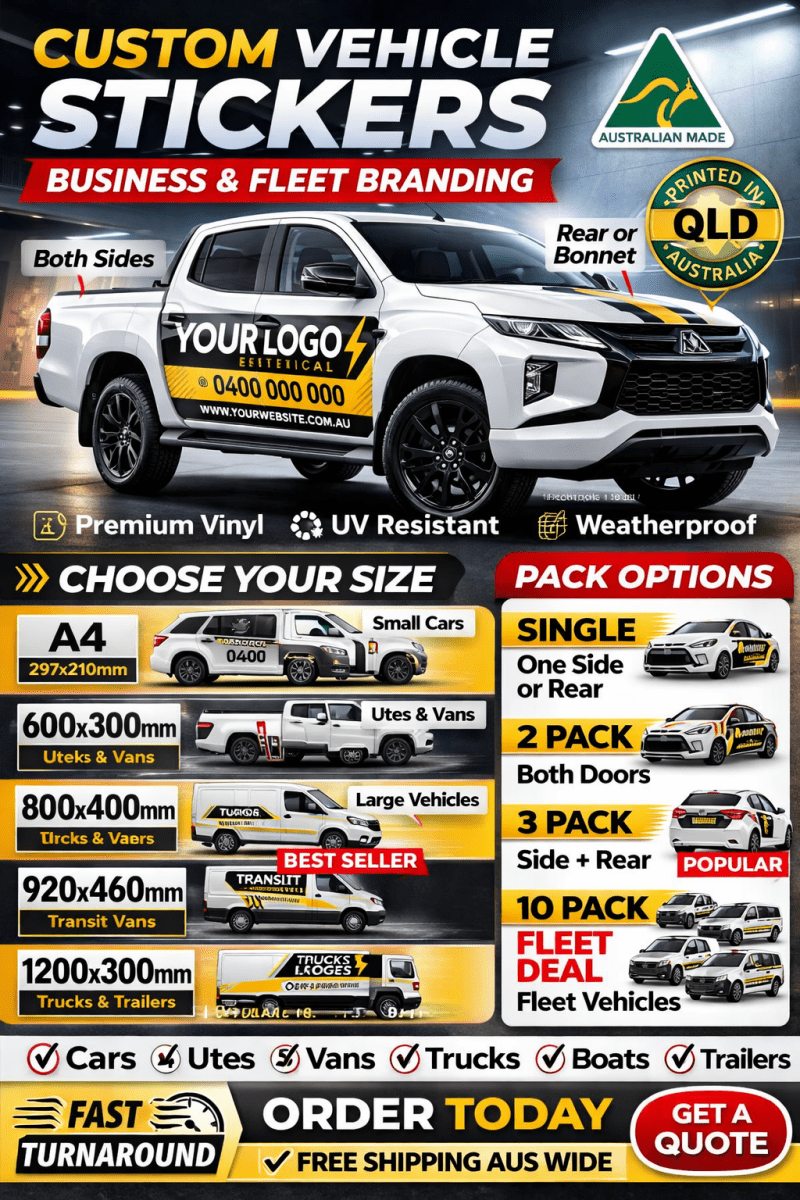 Advertisement for custom vehicle stickers with a white truck and branding options.