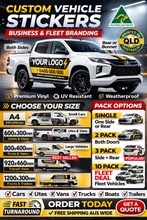 Load image into Gallery viewer, Advertisement for custom vehicle stickers with a white truck and branding options.
