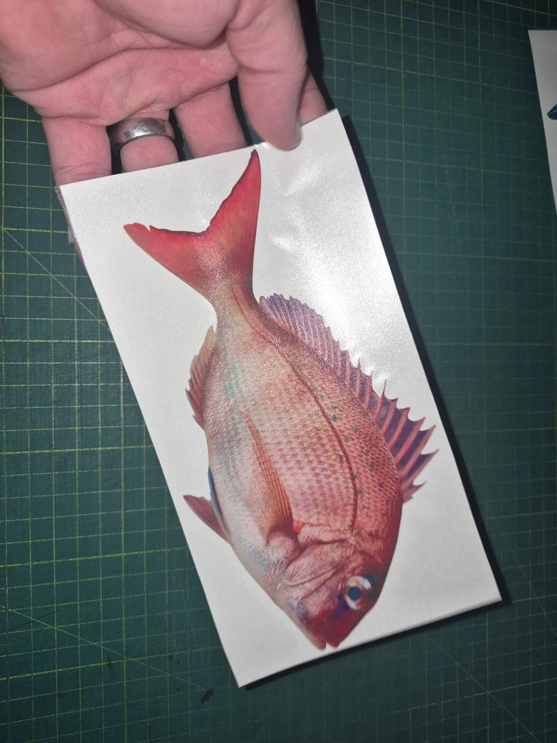 Pink snapper Fish decal held over a cutting mat