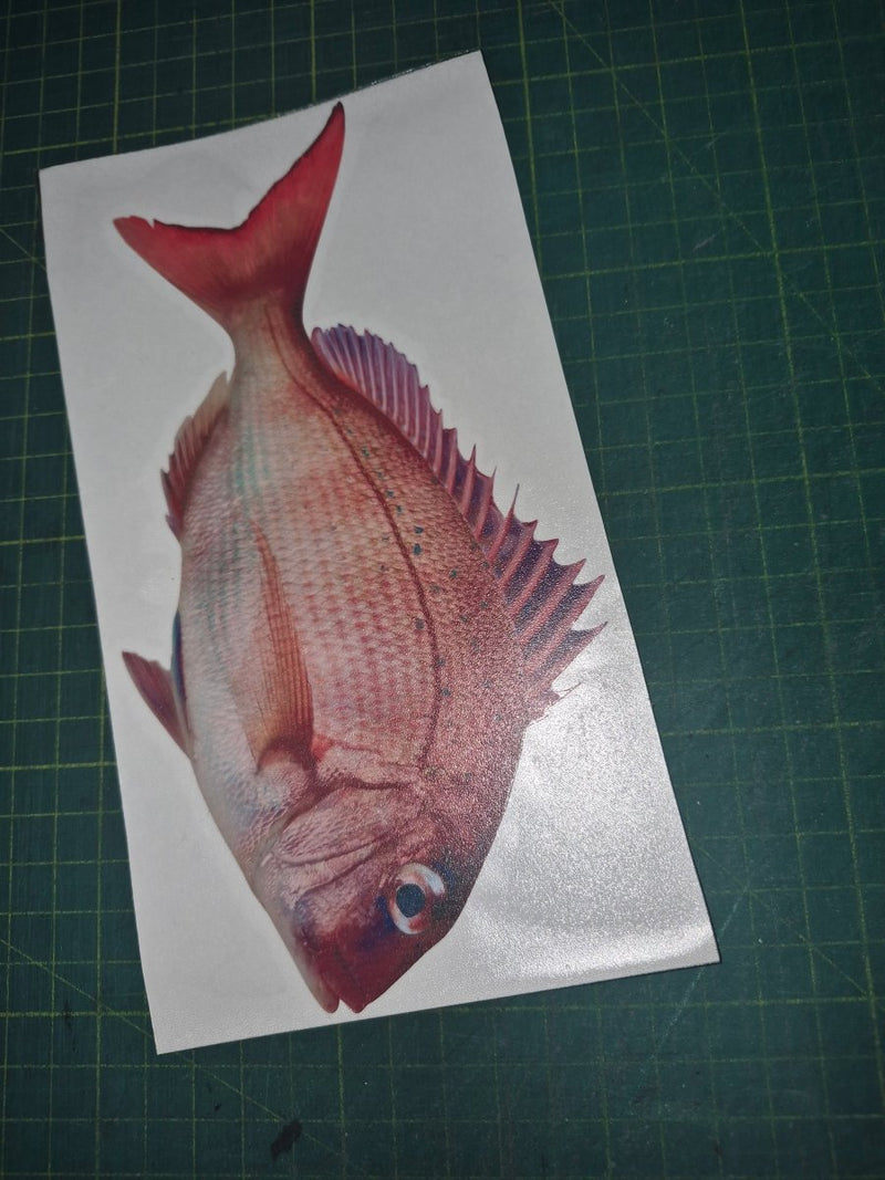 Fish decal on a white card with a green cutting mat background