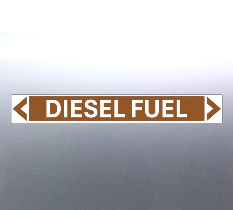 A self-adhesive diesel fuel pipe marker with a golden tan background and bold black lettering that reads 'DIESEL FUEL' with a white contrasting border.
