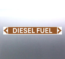 Load image into Gallery viewer, A self-adhesive diesel fuel pipe marker with a golden tan background and bold black lettering that reads 'DIESEL FUEL' with a white contrasting border.
