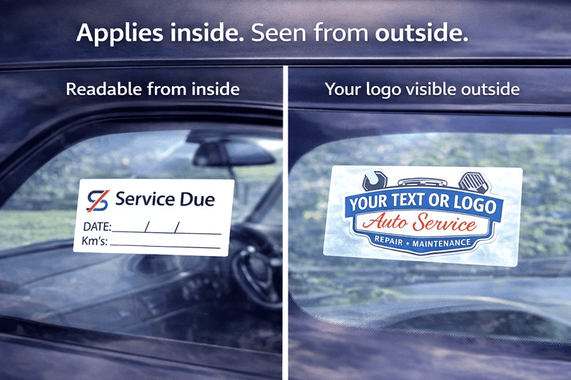 Two car window stickers showing 'Service Due' label and customizable auto service logo.