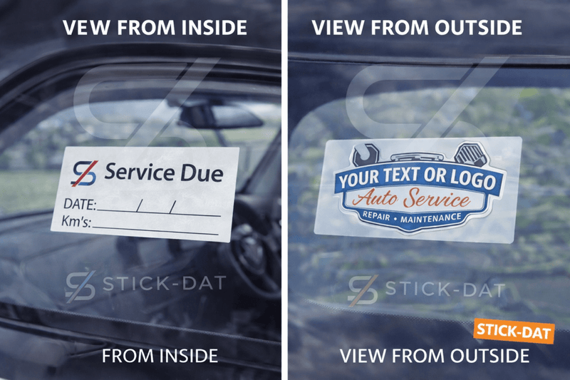 Two views of a car windshield with a service due sticker, one from inside and one from outside, showing the sticker's visibility from both angles.