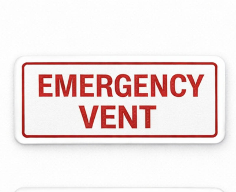 Rectangular sign with 'EMERGENCY VENT' text on a white background