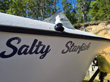 Load image into Gallery viewer, custom named Boat with 'Salty Starfish' written decal on it, surrounded by trees and a clear sky.
