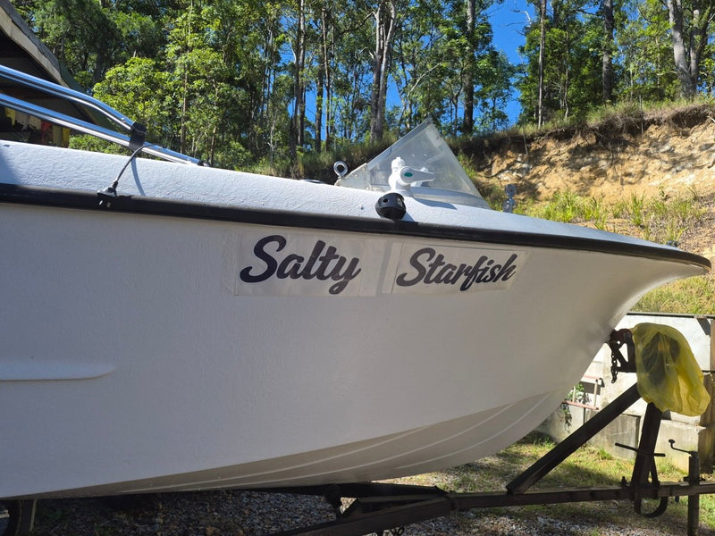 White boat named 'Salty Starfish' on a trailer with trees in the background