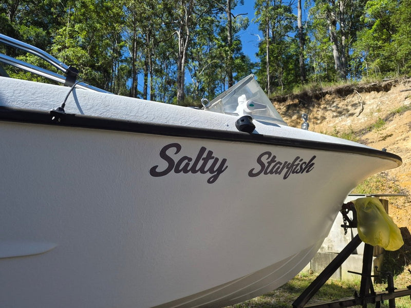 White boat named 'Salty Starfish' with trees and clear sky in the background