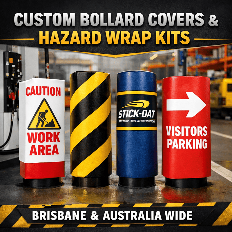 Four custom bollard covers with different designs and text, including 'Caution Work Area', 'Stick-Dat', and 'Visitors Parking'.