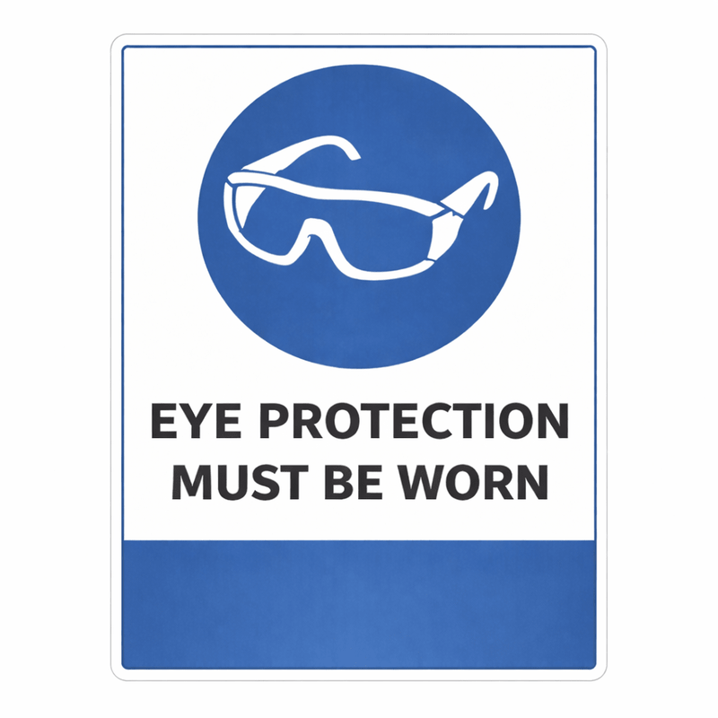 Safety sign with eye protection symbol and text 'Eye Protection Must Be Worn' on a white background.