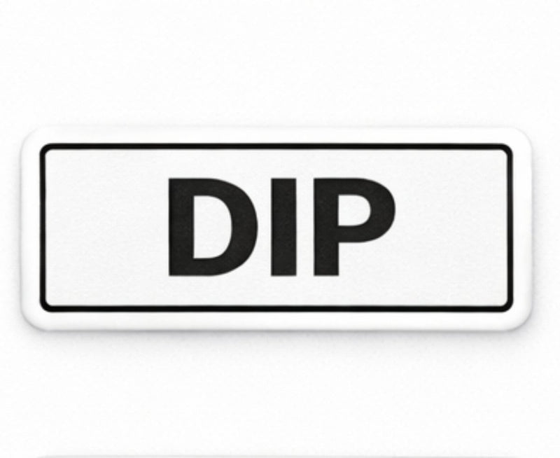 Rectangular sign with 'DIP' text on a white background
