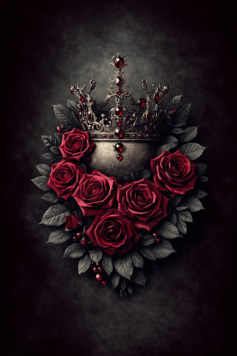 Decorative design of red roses and a crown on a dark background