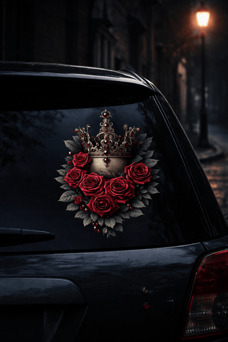 Decorative decal of roses and a crown on a car's rear window at night.