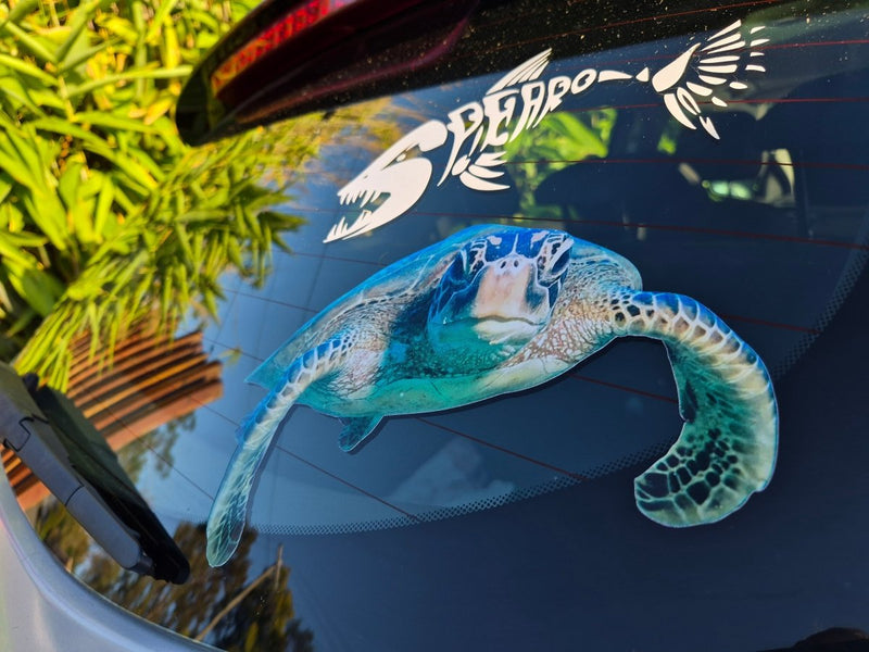 Car window with a sea turtle decal and another decal of a bird.
