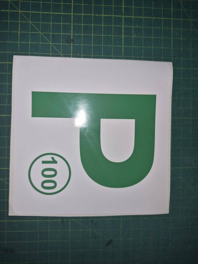 Green 'P' with number 100 on a white background