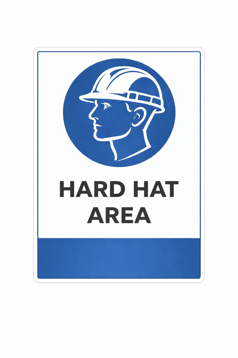 Sign with a hard hat icon and text 'Hard Hat Area' on a white background