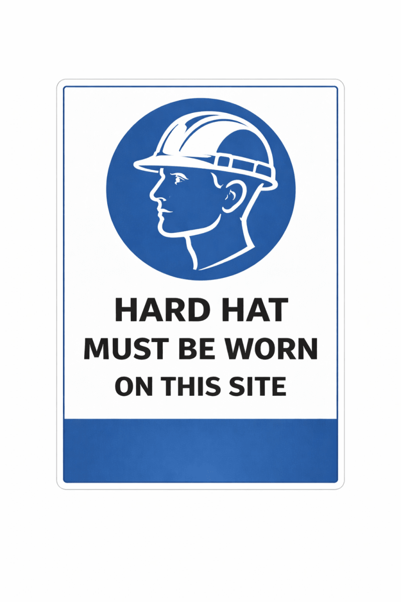 Safety sign with a hard hat icon and text 'Hard hat must be worn on this site' on a white background.