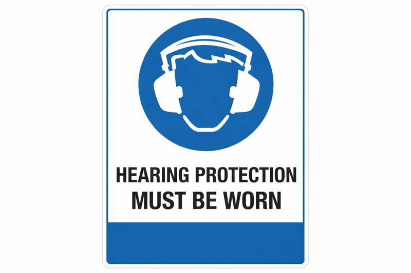 Sign with a blue circle featuring a white icon of ear protectors and text 'HEARING PROTECTION MUST BE WORN' on a white background.