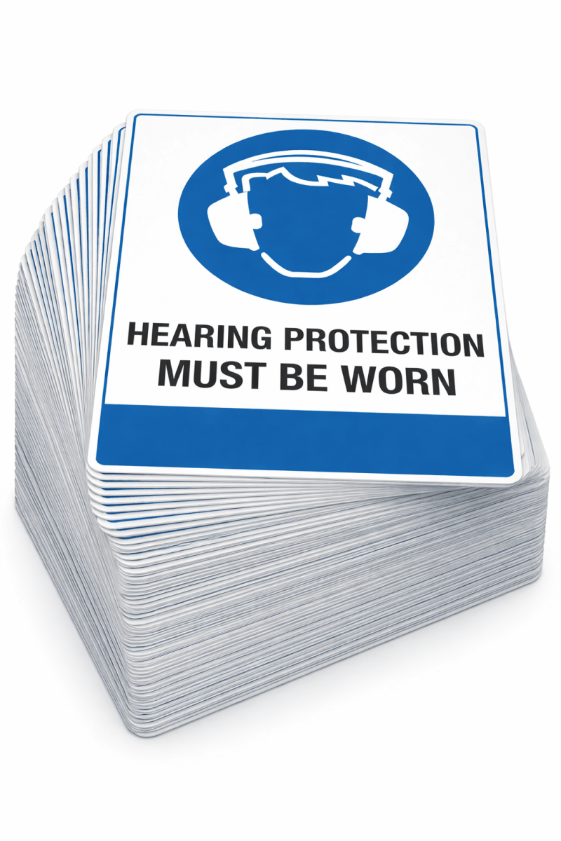 Stack of 'Hearing protection must be worn' signs with a blue and white design.