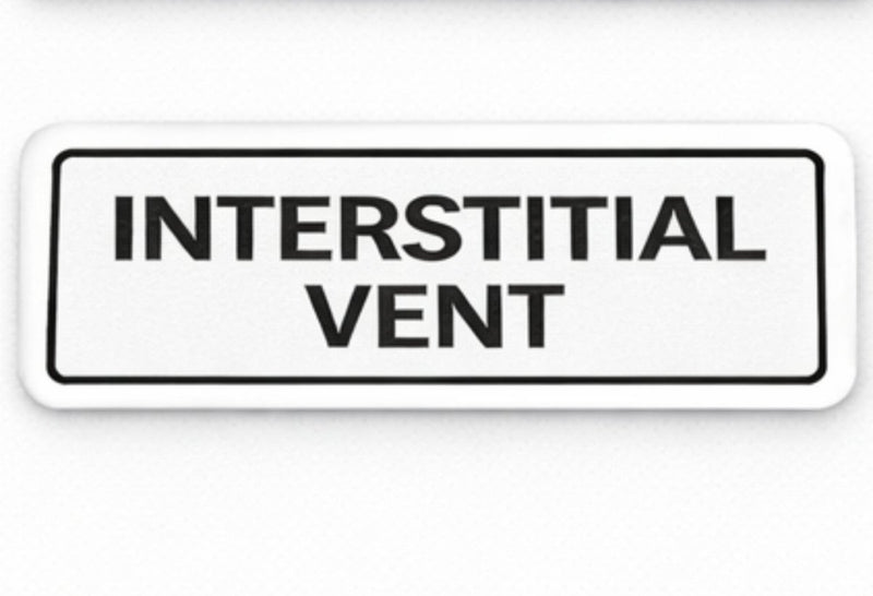 Rectangular sign with 'INTERSTITIAL VENT' text on a white background