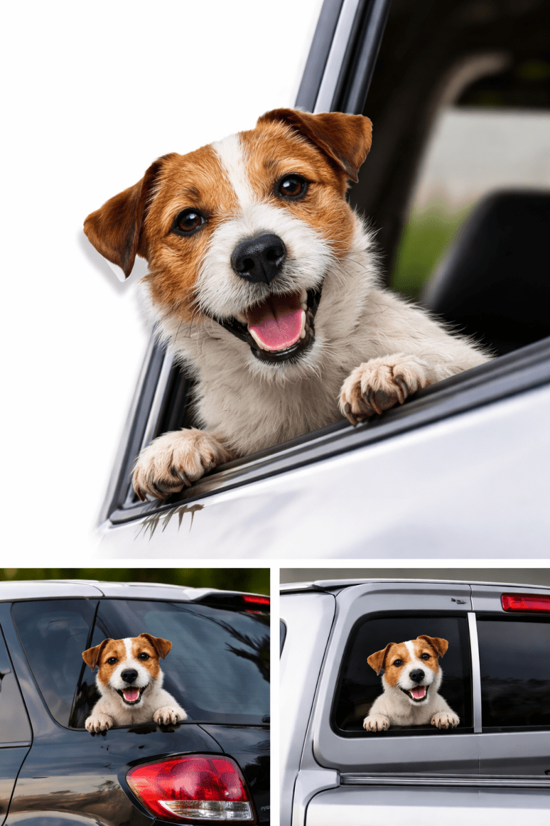 Dog sticking its head out of a car window with additional images of the dog on car windows.