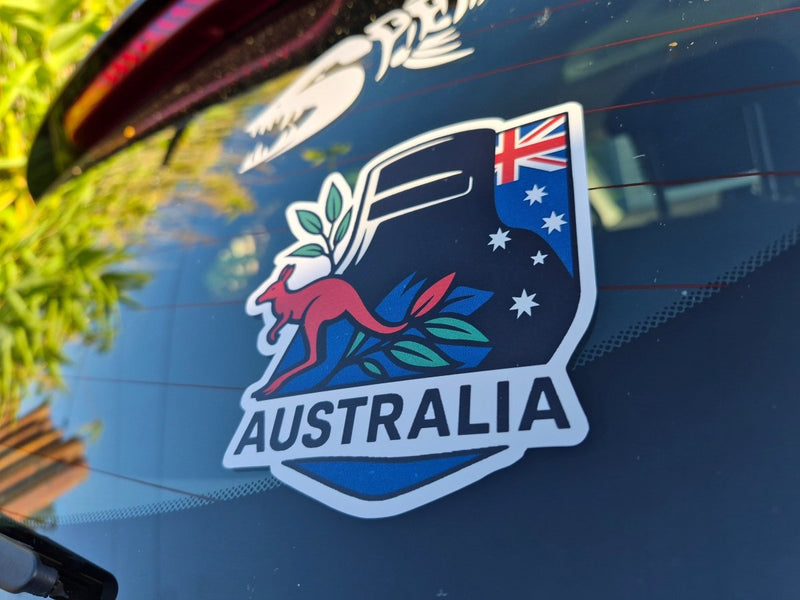 Ned Kelly Australian flag and kangaroo emblem sticker on a car window