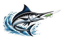Load image into Gallery viewer, Illustration of a marlin chasing a lure on a white sticker background 
