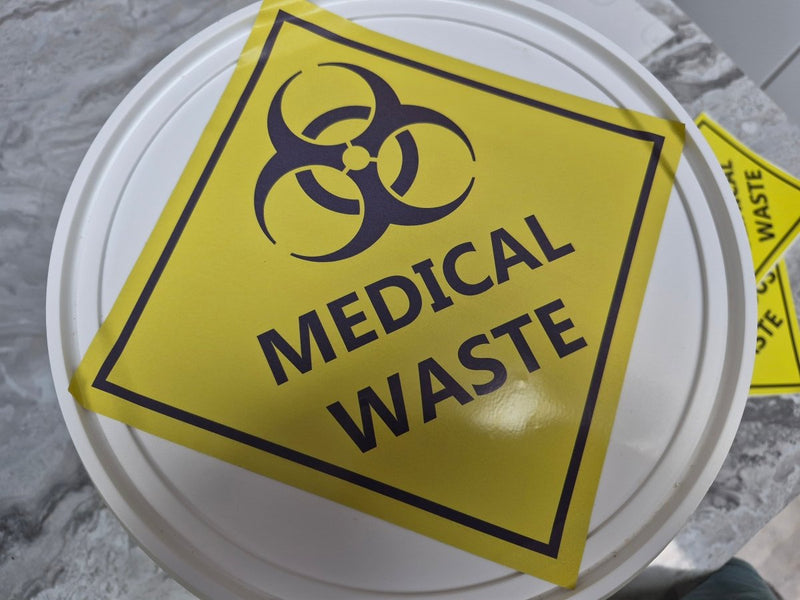 Yellow 'Medical Waste' sign decals with biohazard symbol on a white container lid.