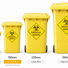 Load image into Gallery viewer, Set of yellow medical waste bins with biohazard symbols on a white background
