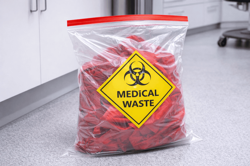 Bag labeled 'Medical Waste' with biohazard symbol on a countertop.