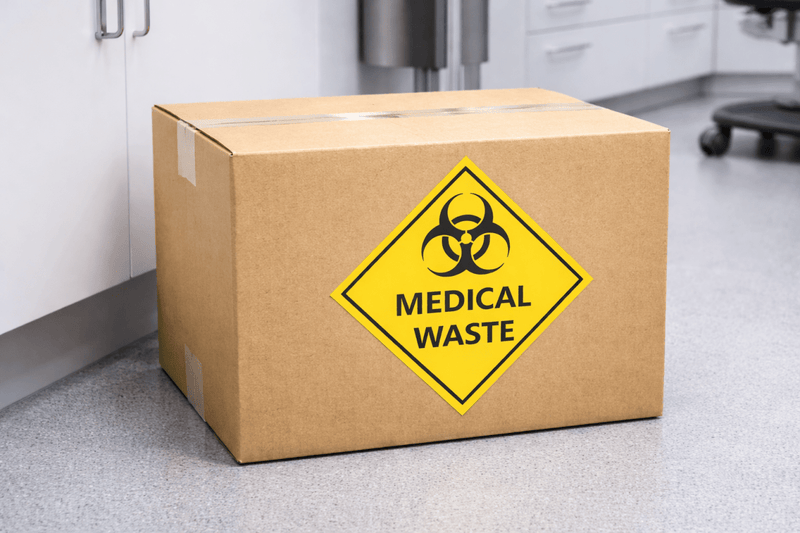 Cardboard box with a biohazard medical waste label in an indoor setting.