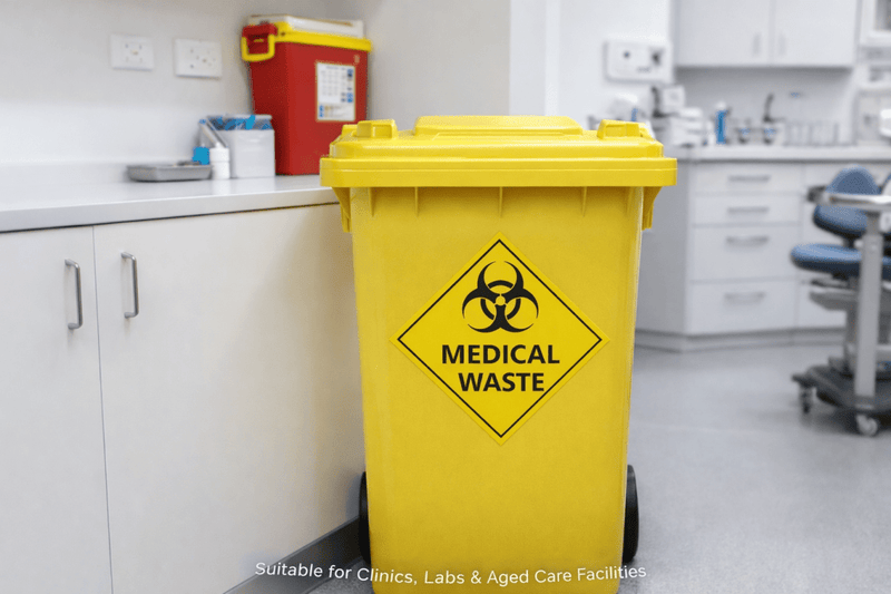 Yellow medical waste bin in a clinical setting with biohazard symbol