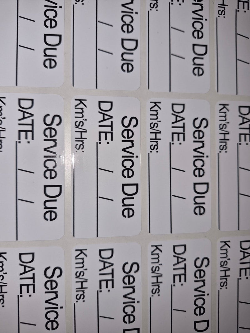 Multiple 'Service Due' labels with fields for date, kilometers, and hours on a white background.