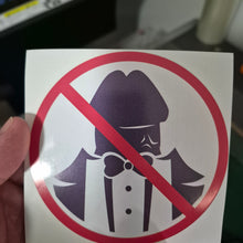 Load image into Gallery viewer, No Dickheads Allowed Prohibition Sticker with a cartoon character wearing a gas mask, held by a hand.
