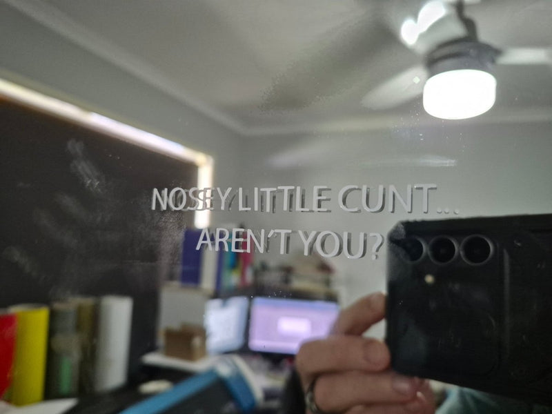 Blurry indoor setting with text overlay 'NOSEY LITTLE CUNT... AREN'T YOU?'