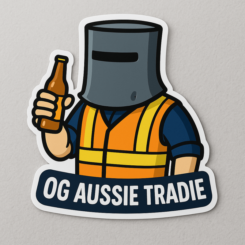 Sticker of a character wearing a helmet and high-visibility vest holding a beer, with 'OG Aussie Tradie' text on a gray background.