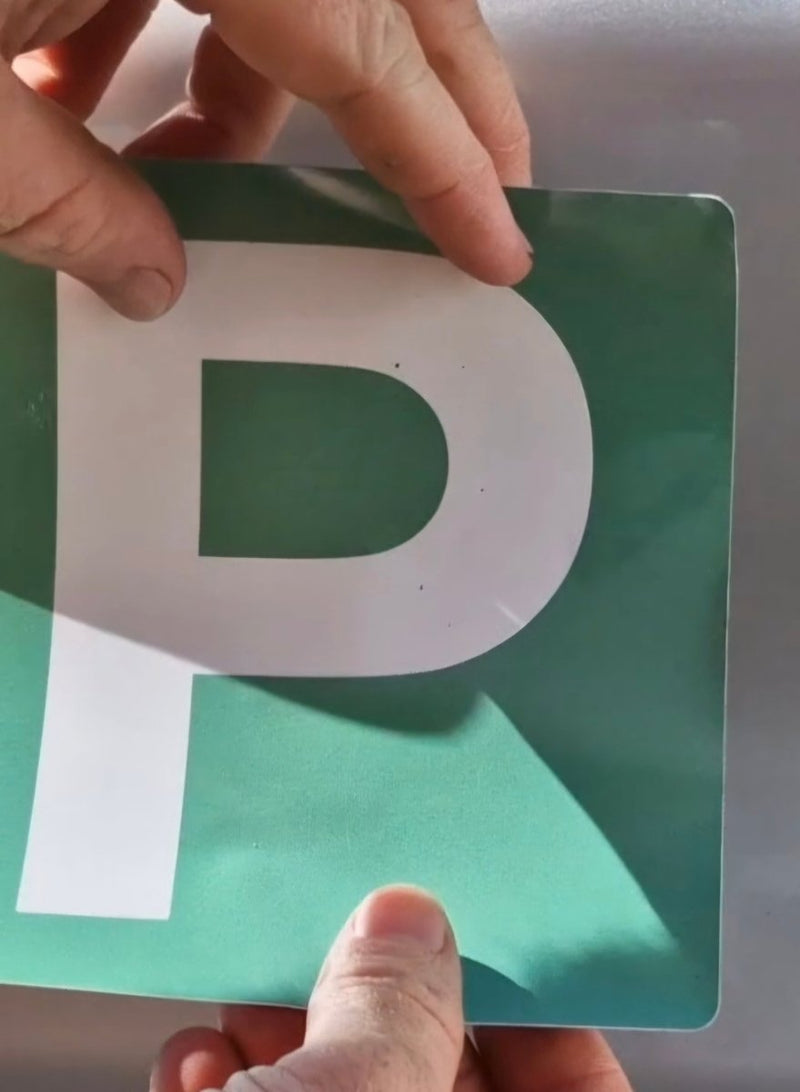 Person holding a green card with a white letter 'P' on a light gray background