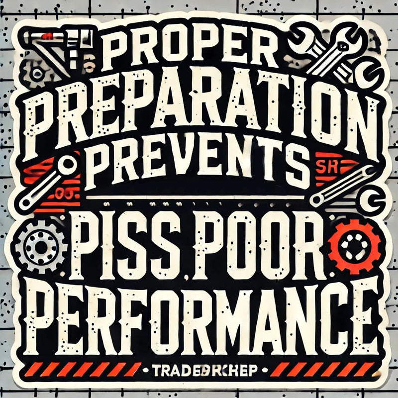 A rectangular sticker with the phrase 'Proper Preparation Prevents Piss Poor Performance' in bold black, white, and red text, designed with industrial-style graphics and tools.