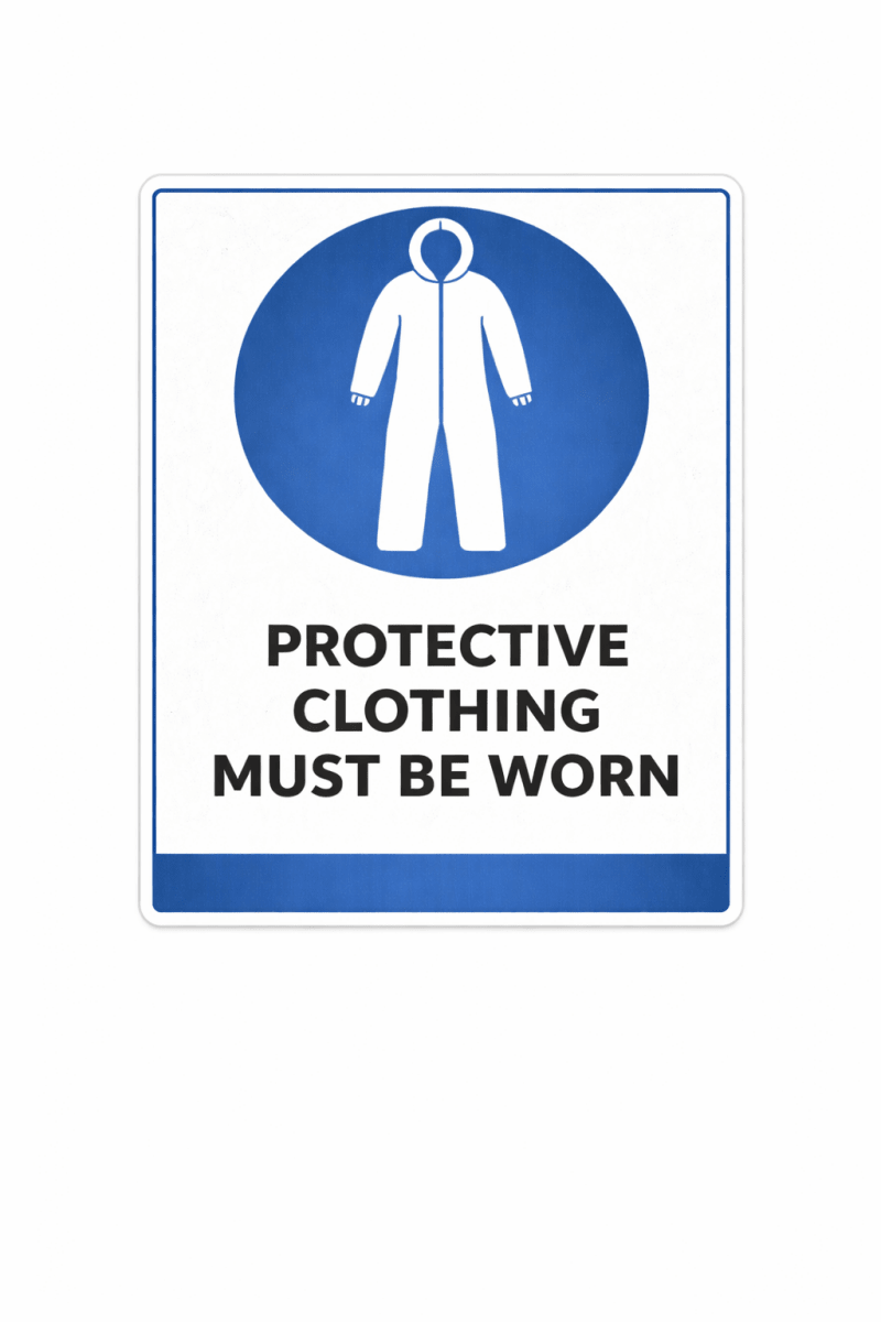 Sign with a blue circle and white figure, indicating 'Protective Clothing Must Be Worn'.