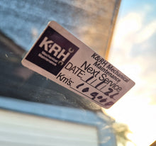 Load image into Gallery viewer, Real customers logo on our service due K&amp;RH Mechanical Maintenance sticker on a car window with service details.
