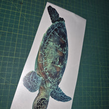 Load image into Gallery viewer, Sticker of a turtle on a piece of paper held by a hand on a green cutting mat.
