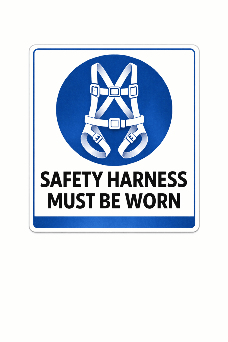 Safety harness warning sign with text 'Safety harness must be worn' on a white background
