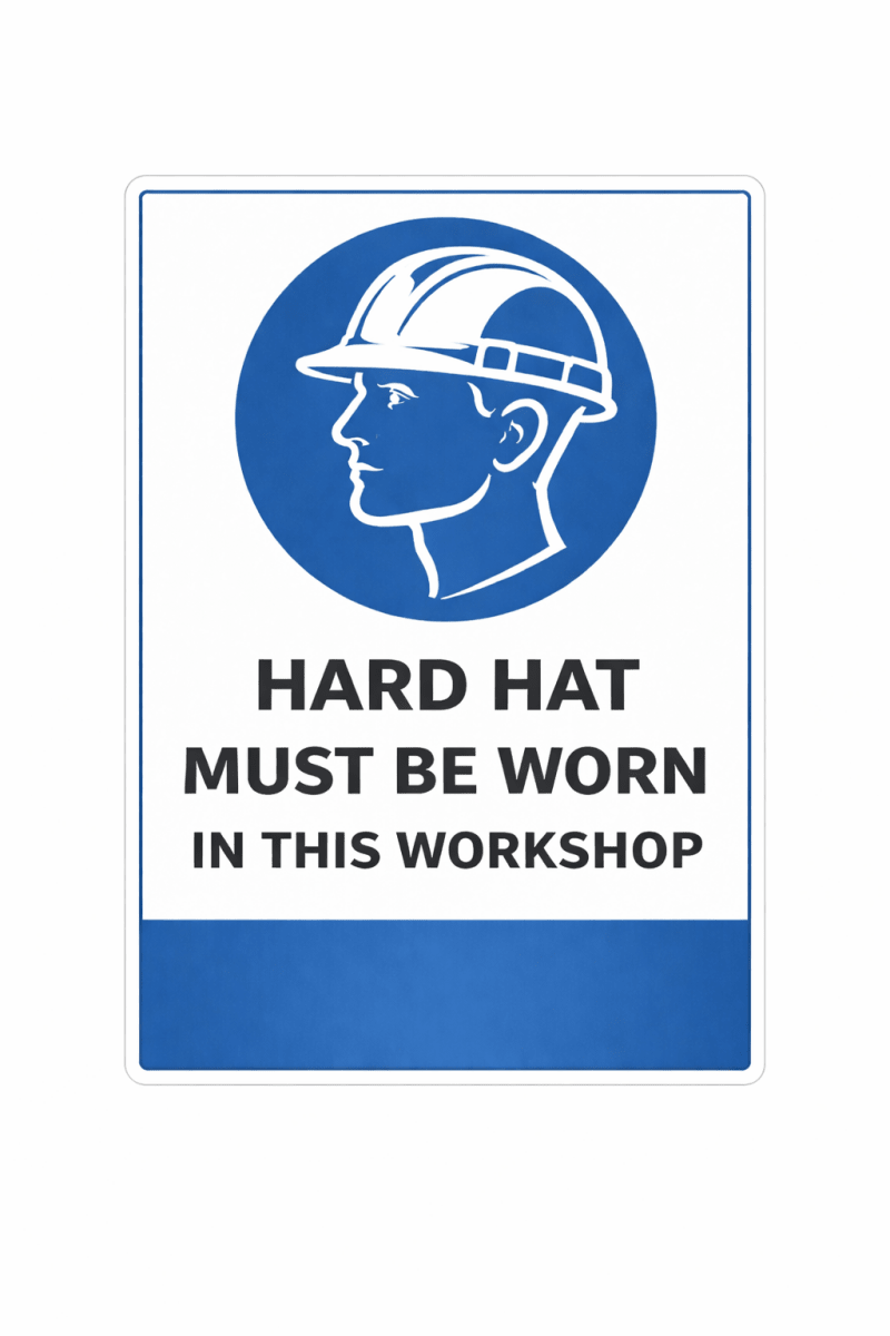 Safety sign requiring hard hats in a workshop with a blue circle and white background.