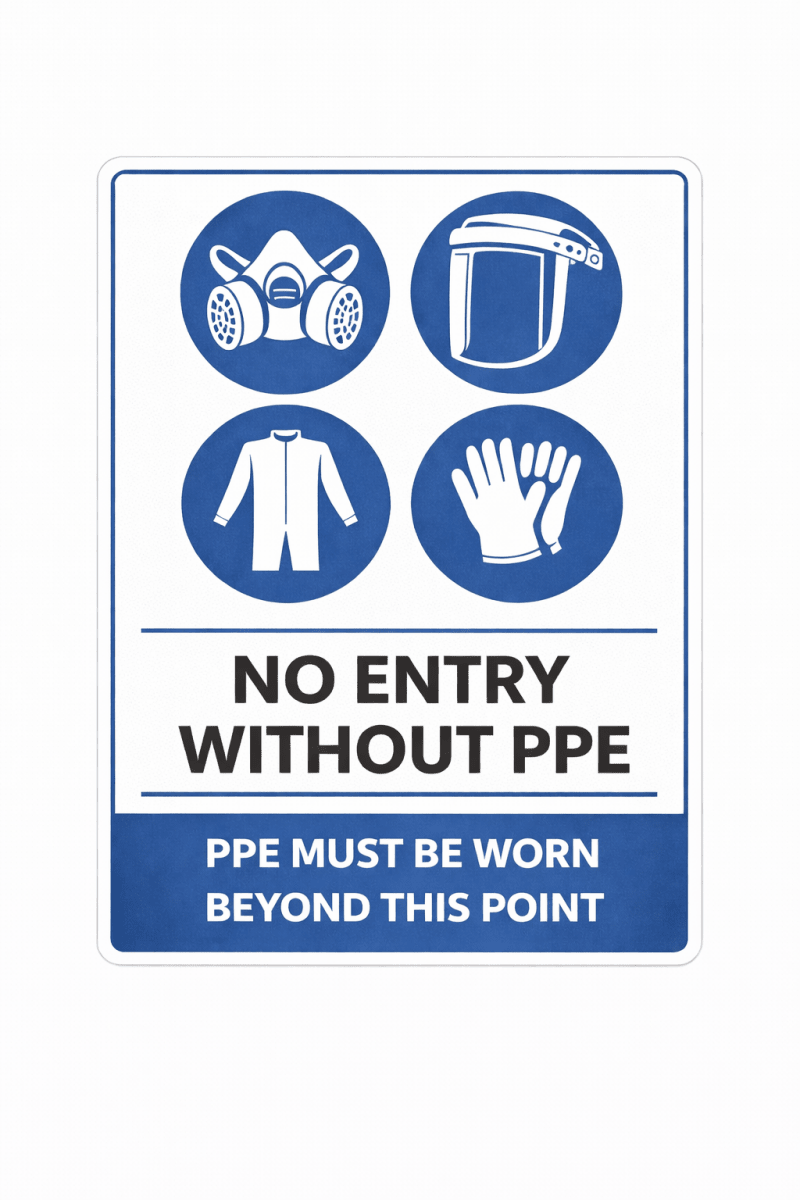 Safety sign with PPE symbols and text on a white background