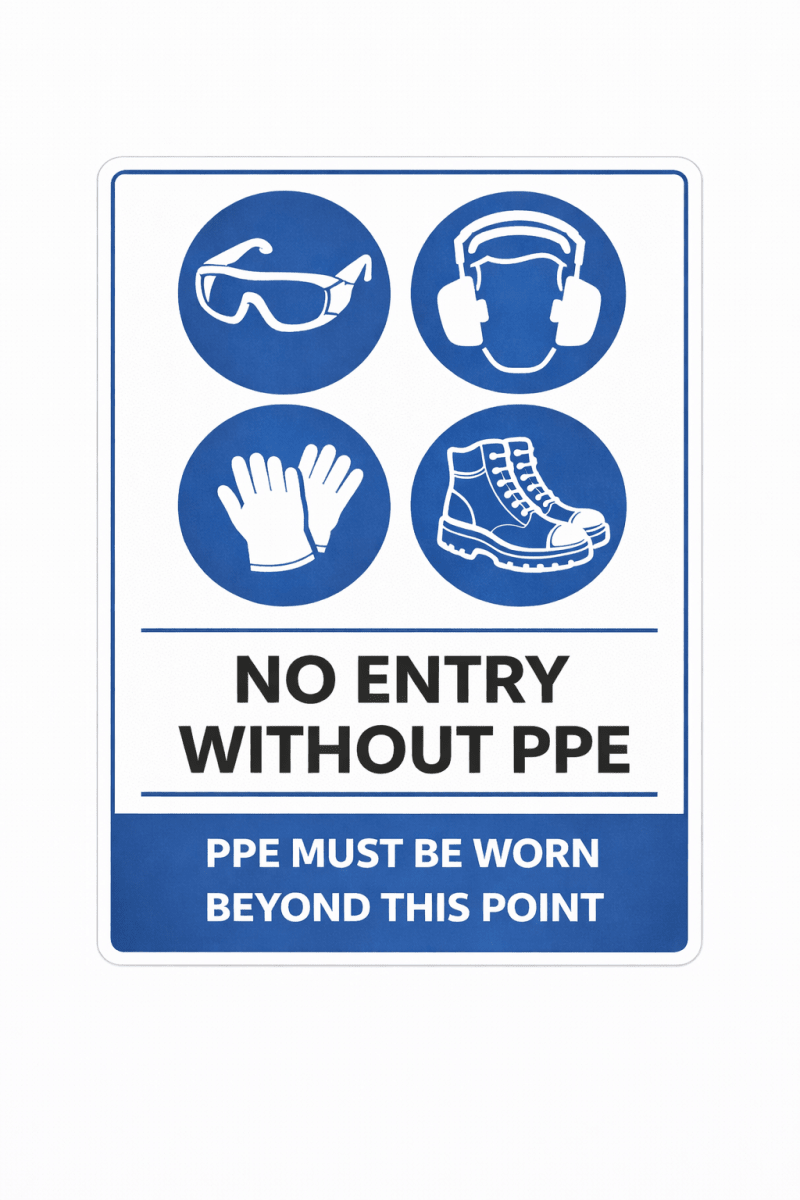 Safety sign with PPE symbols and text on a white background