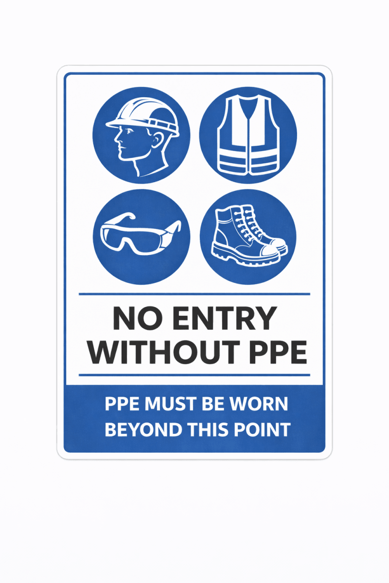 Safety sign with PPE symbols and text on a white background