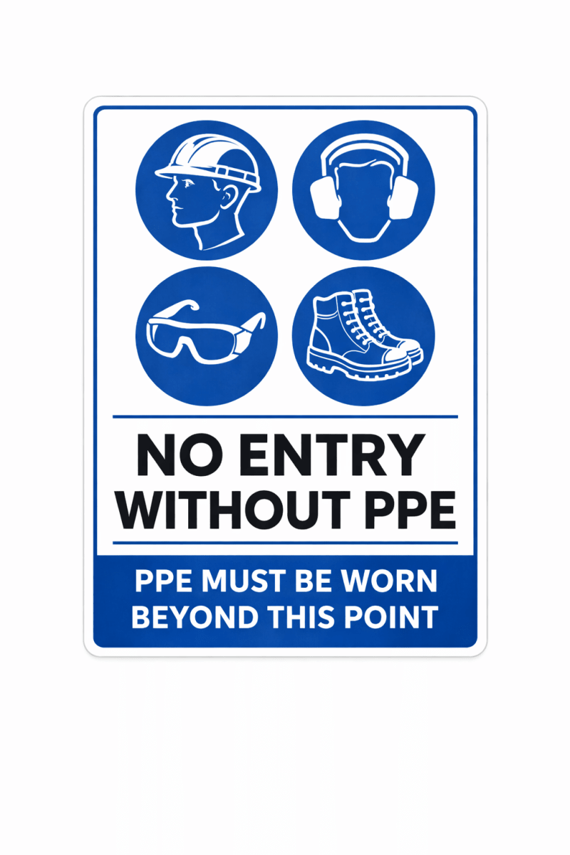 Safety sign with PPE symbols and text on a white background